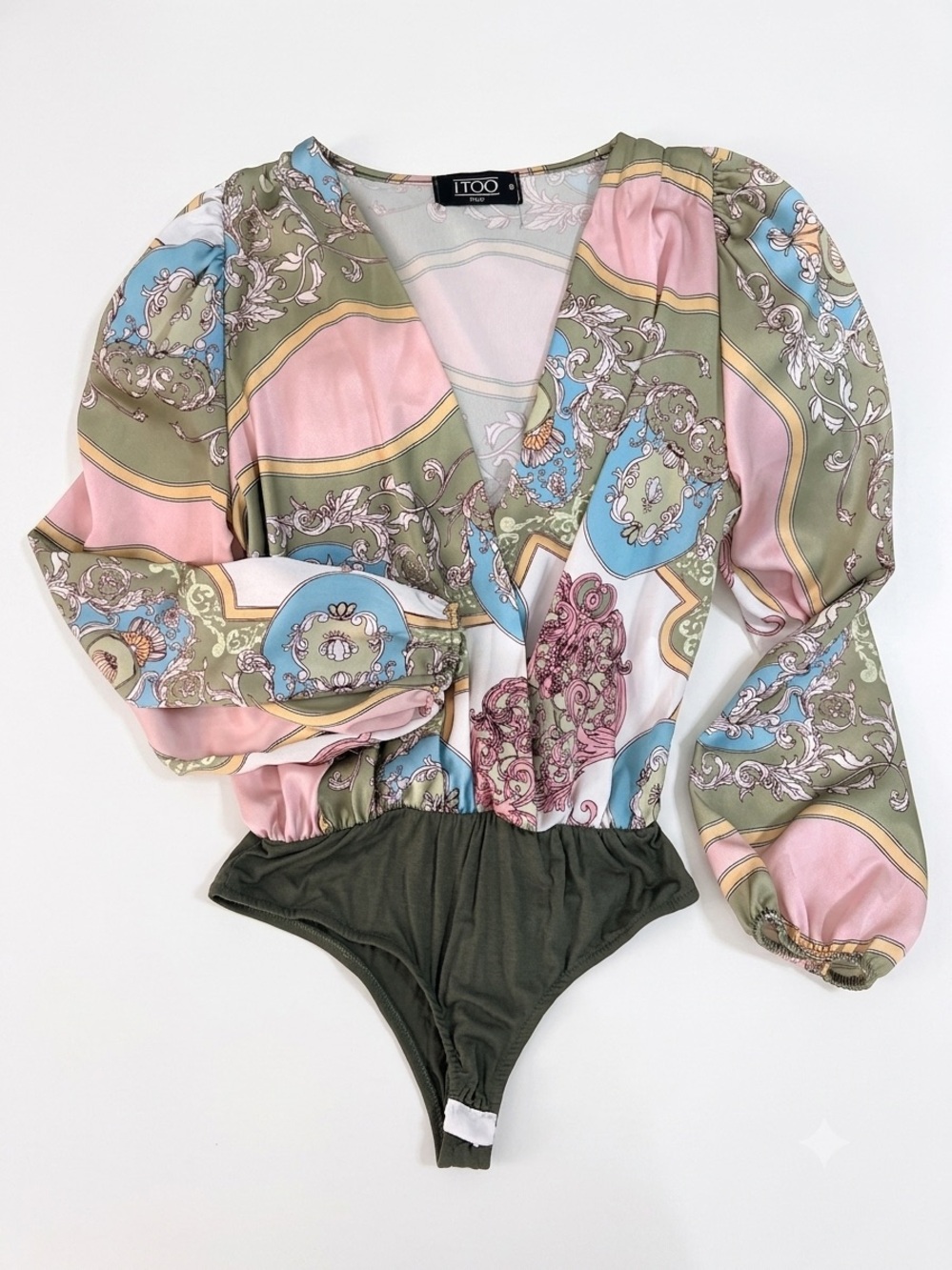 ITOO Printed Puff-Sleeve Wrap Bodysuit in Pastel Green & Pink